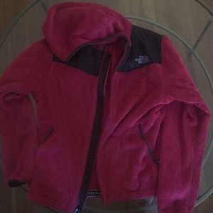 Brown and furry pink north face hooded jacket